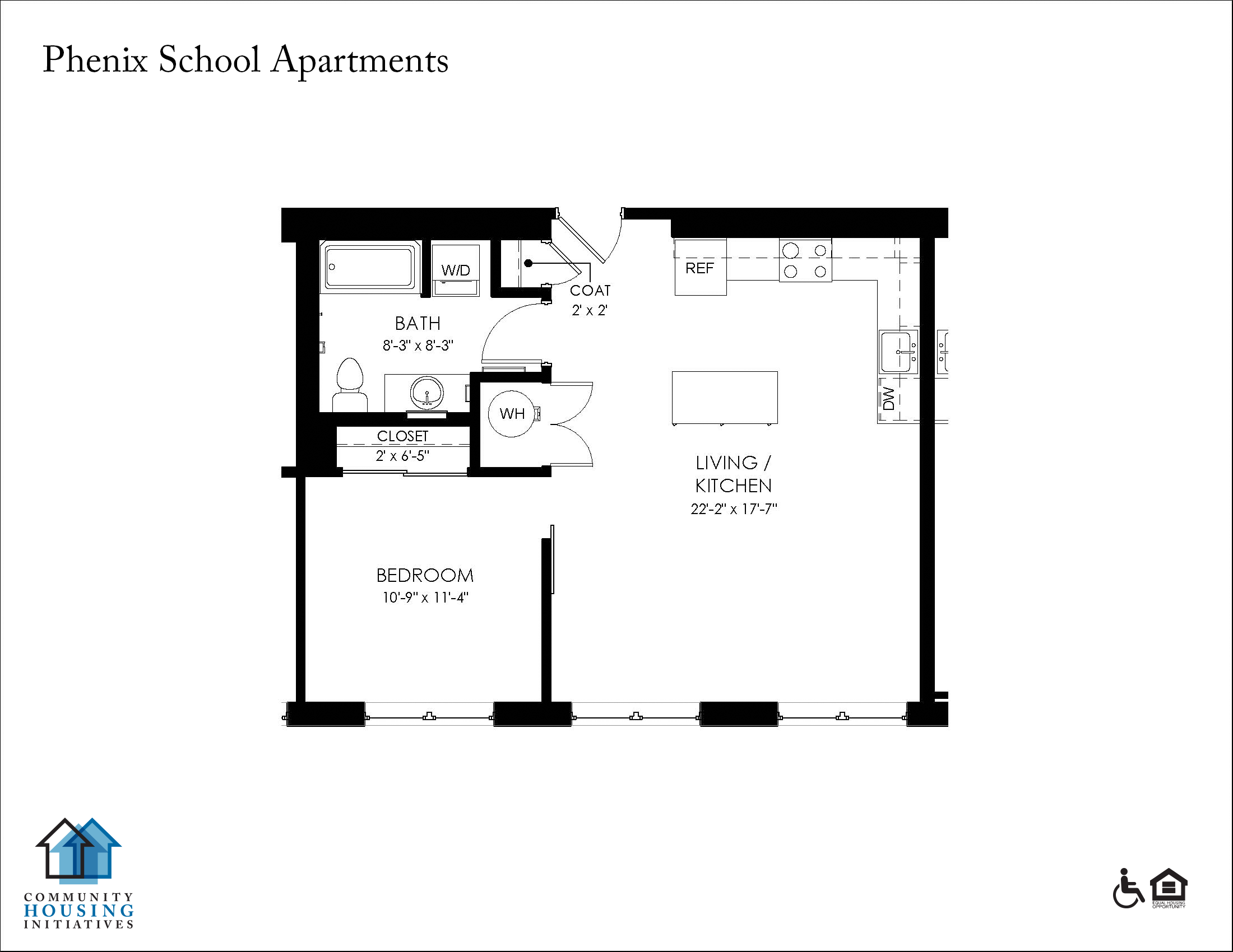 Floor plan for 1 bed, 1 bath, 693 sqft